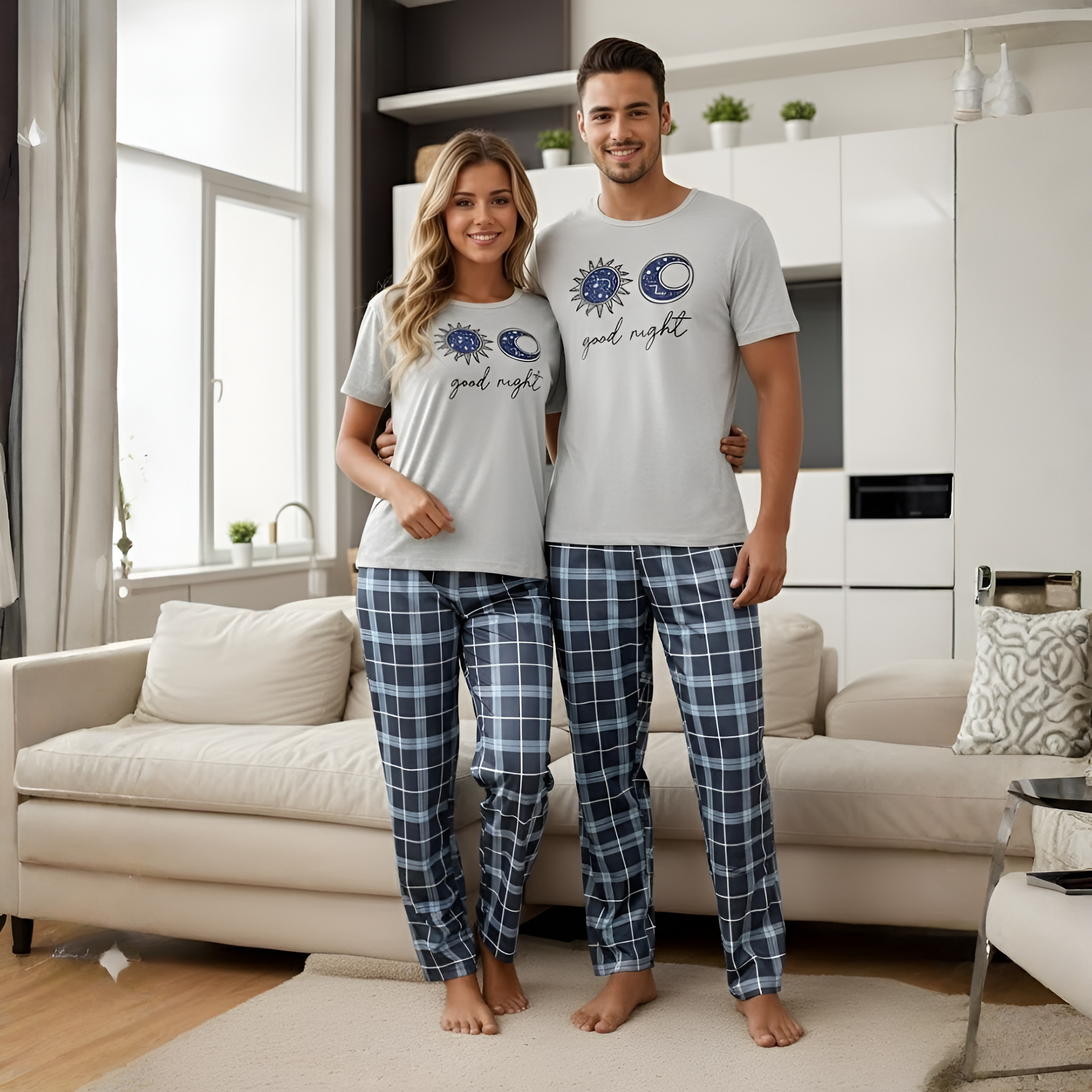 Couple Style Star And Moon Print Short-Sleeve And Long-Pants Loungewear Set
