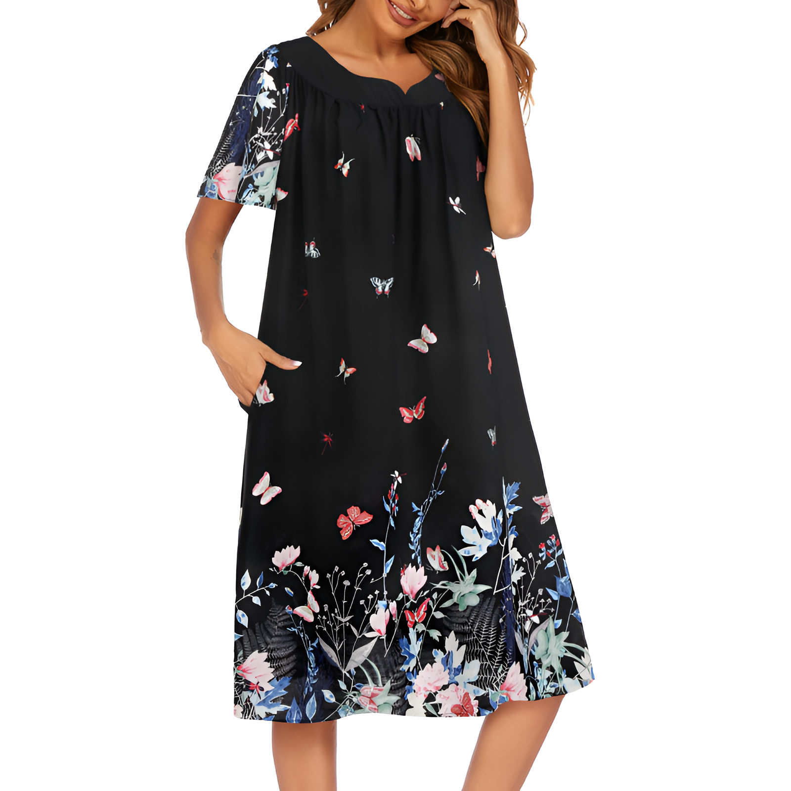 Pleated Nightgown With Short Sleeves And Pockets For Women