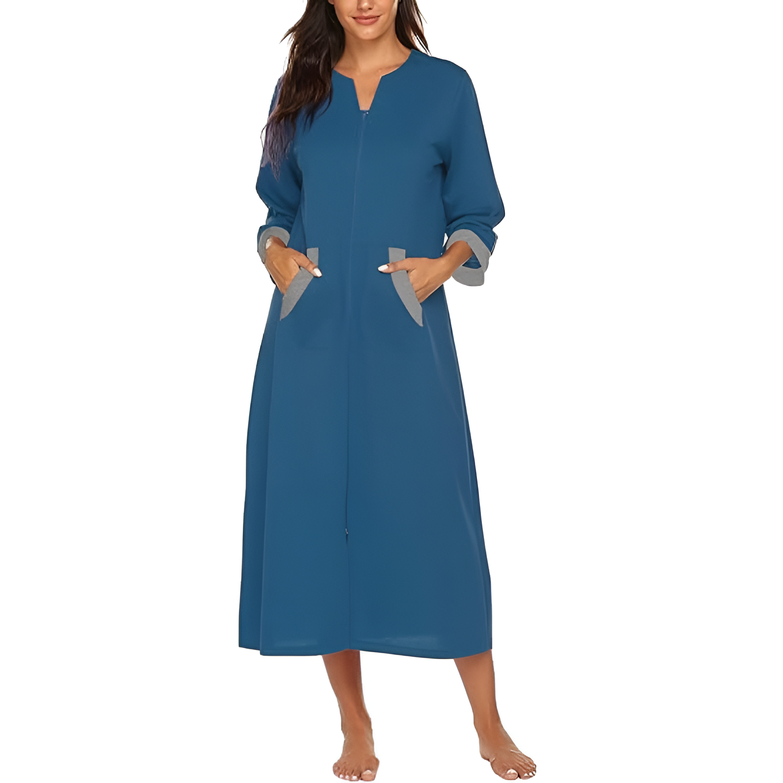 Women Zipper Robe Sleeves Loungewear Dress Full Length Sleepwear Pockets
