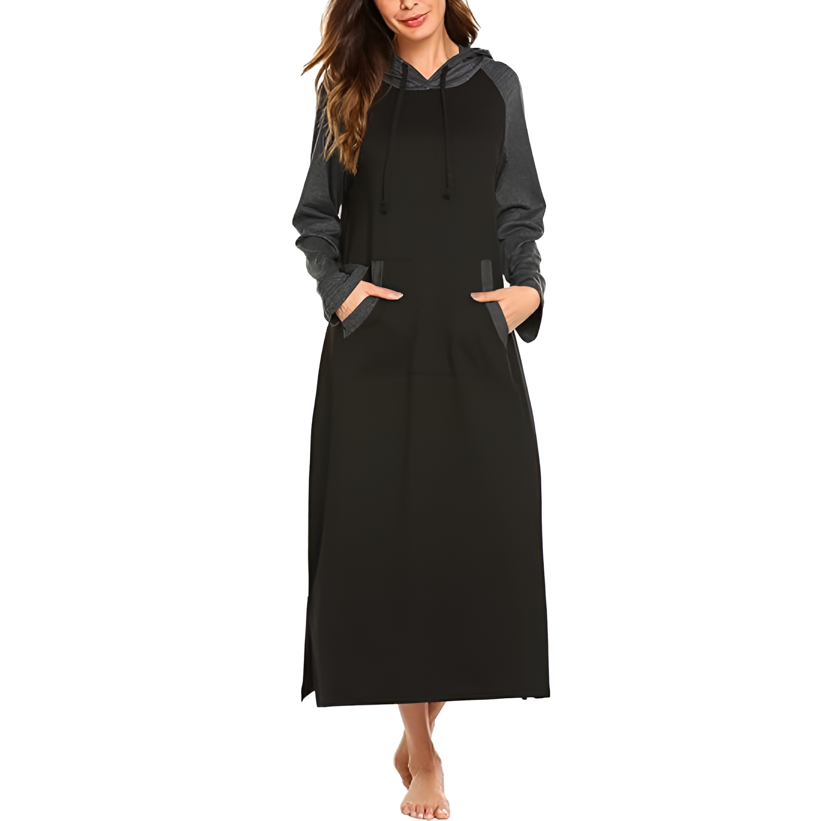 Hooded Nightgown Long Sleeve Full Length Loungewear With Pocket For Women