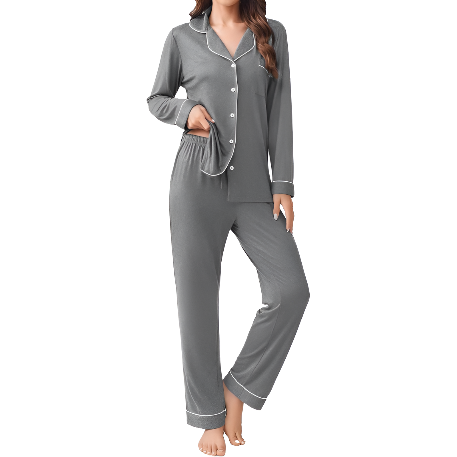 Long Sleeve Button Front Top Two Piece Pajama Set With Pants For Women