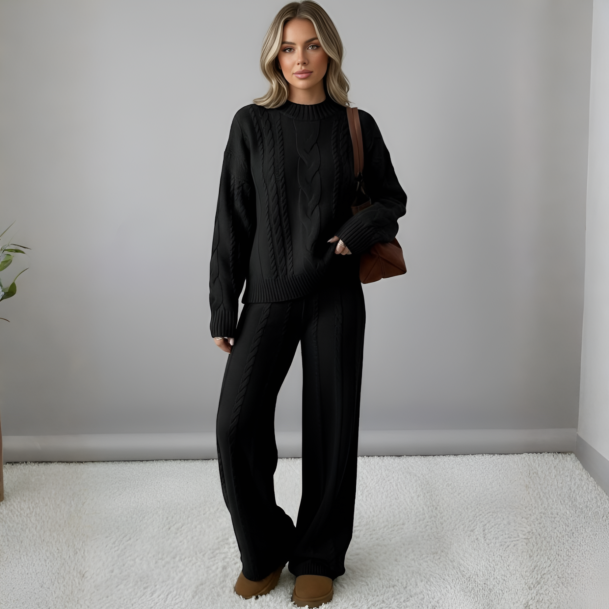 Women's Winter Solid Color Round Neck Long Sleeve Simple Top And Pants Casual 2pcs Set, Winter Clothing
