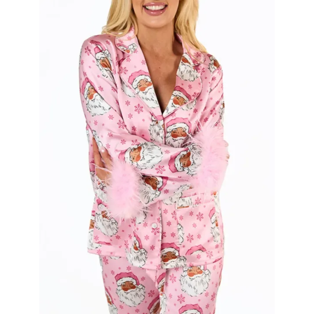 Santa Print Feather Trim Holiday Pajama Set-Original Pajamas
