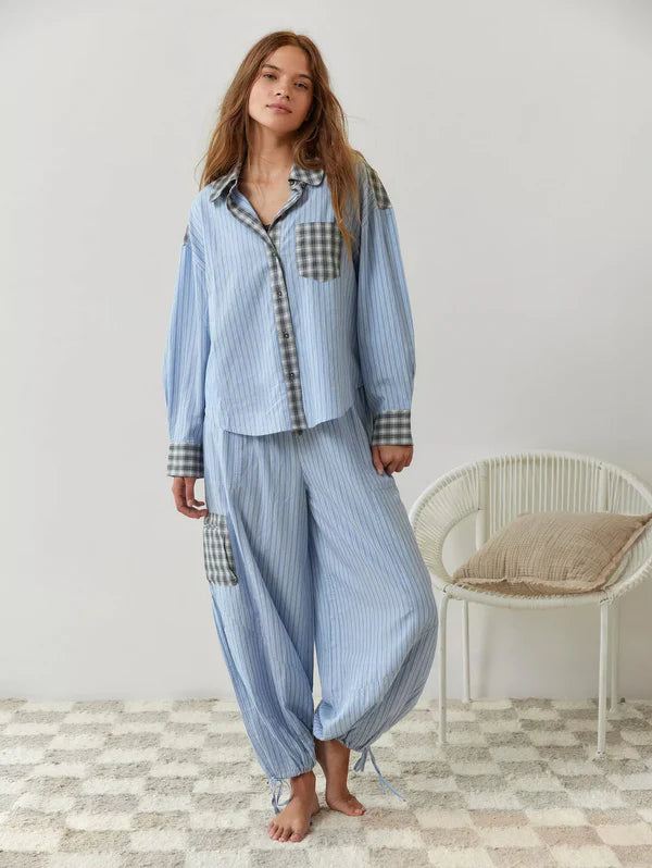 Vintage Plaid and Stripes Pajama Set with Long-Sleeve Button-Down