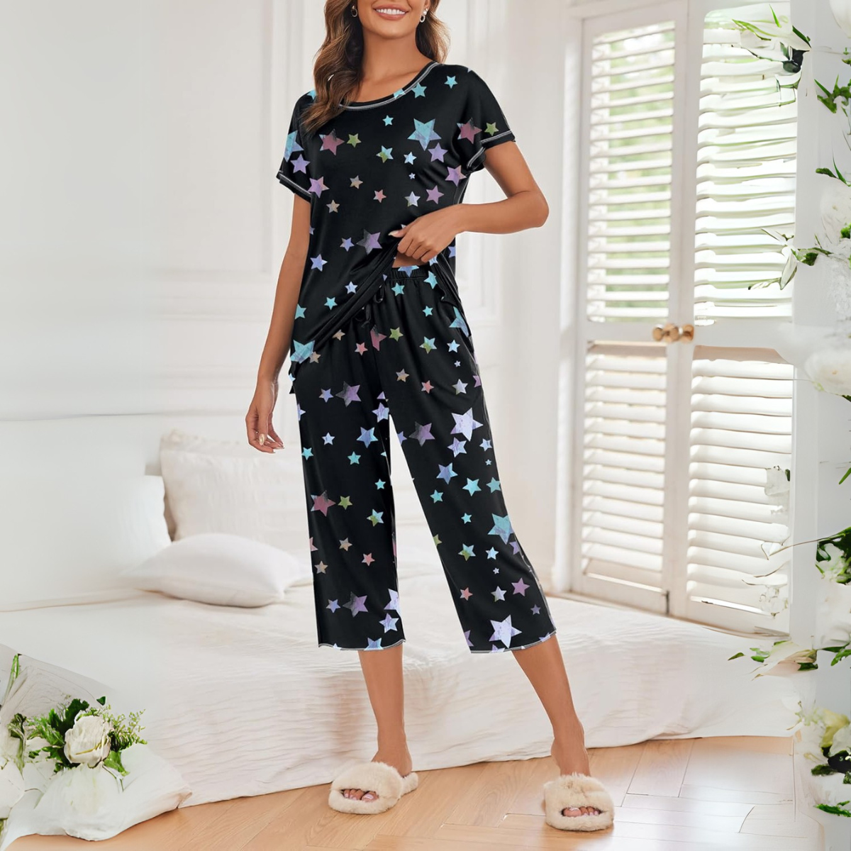 Star Printed Capri Pajama Set With Short Sleeve Top-Original PajamasStar Printed Capri Pajama Set With Short Sleeve Top - Image 6