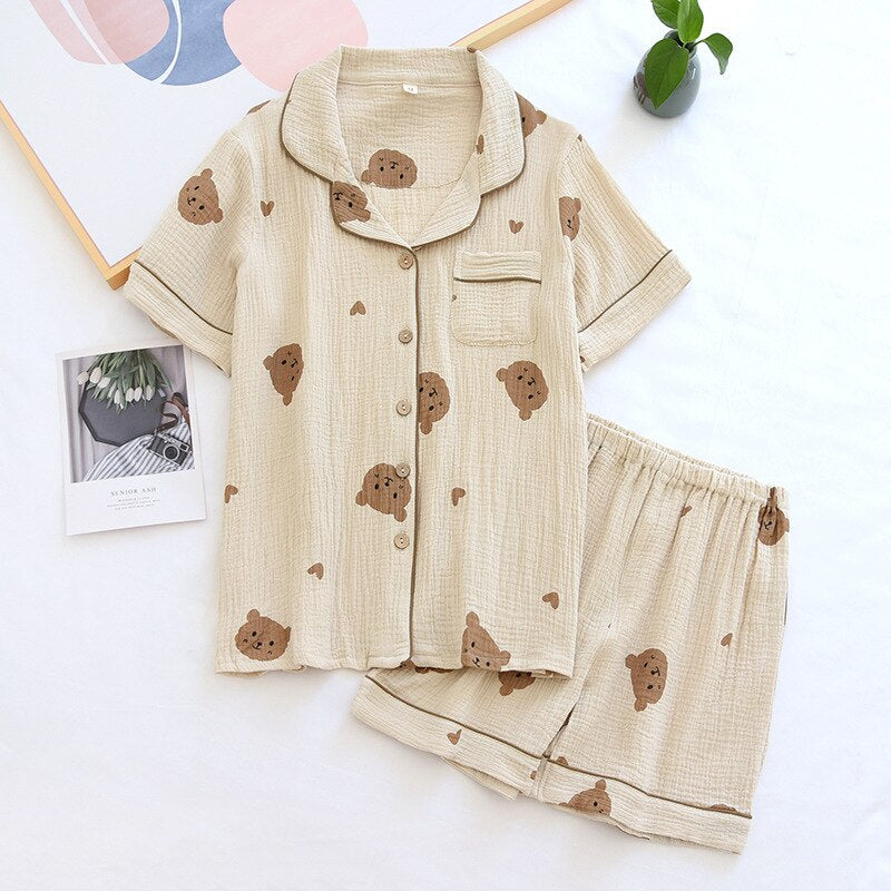 Couple Short Sleeve Bear Pattern 2 Piece Pajamas Set-Original Pajamas