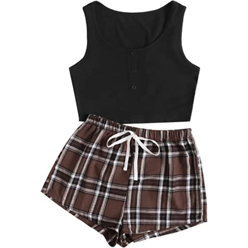 Women's 2 Piece Sleeveless Button Crop Tank Tops & Shorts Lounge Set-Original Pajamas