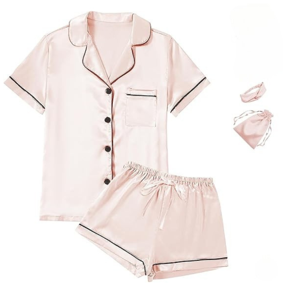 4Pcs Womens Satin Silky Short Sleeve Shirt Pajamas Set