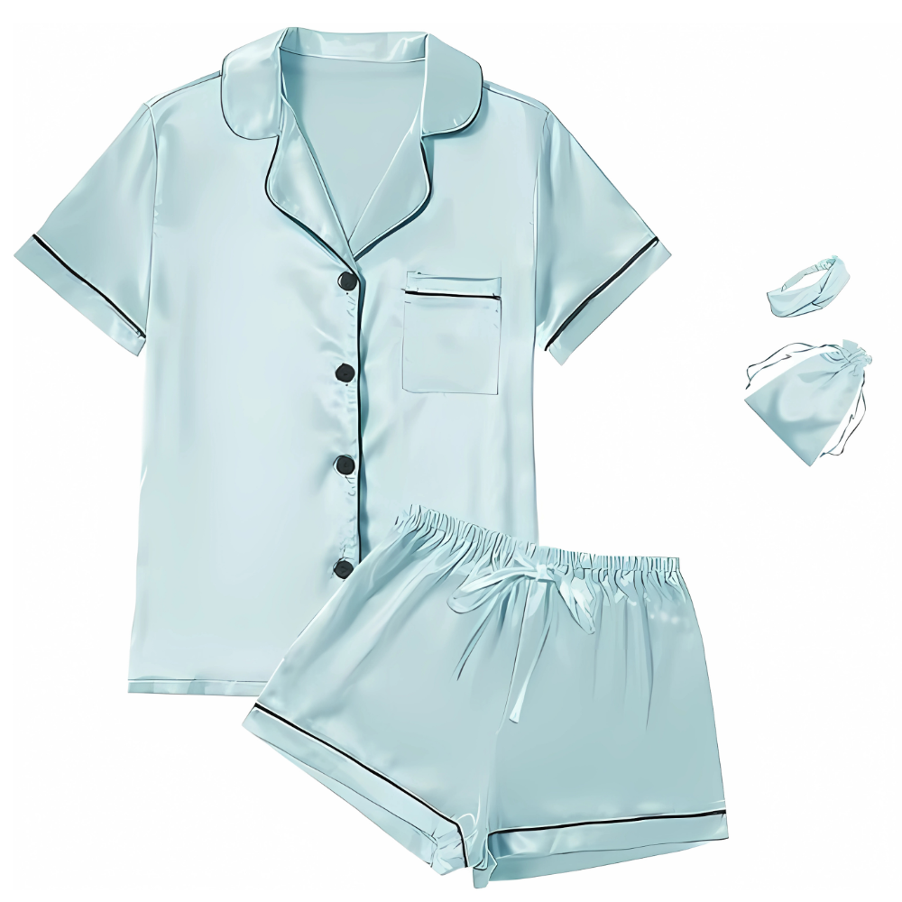 4Pcs Womens Satin Silky Short Sleeve Shirt Pajamas Set