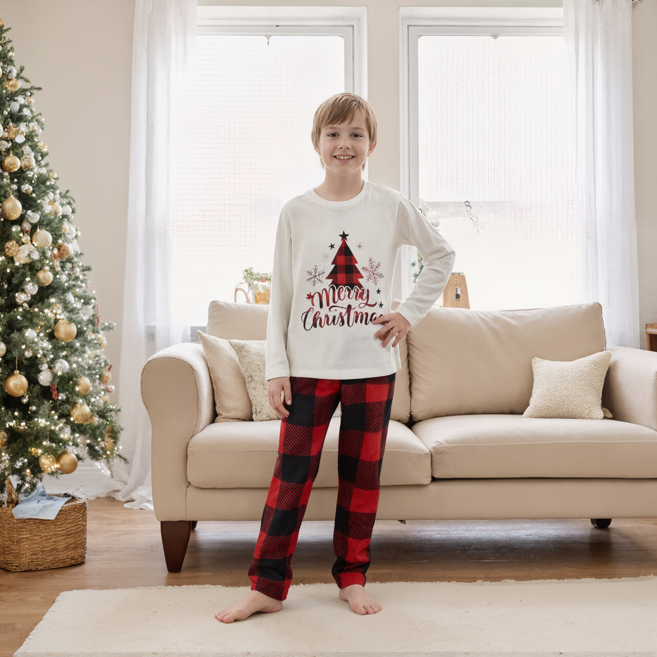 Merry Christmas Tree and Plaid Print Family Matching Pajama Sets