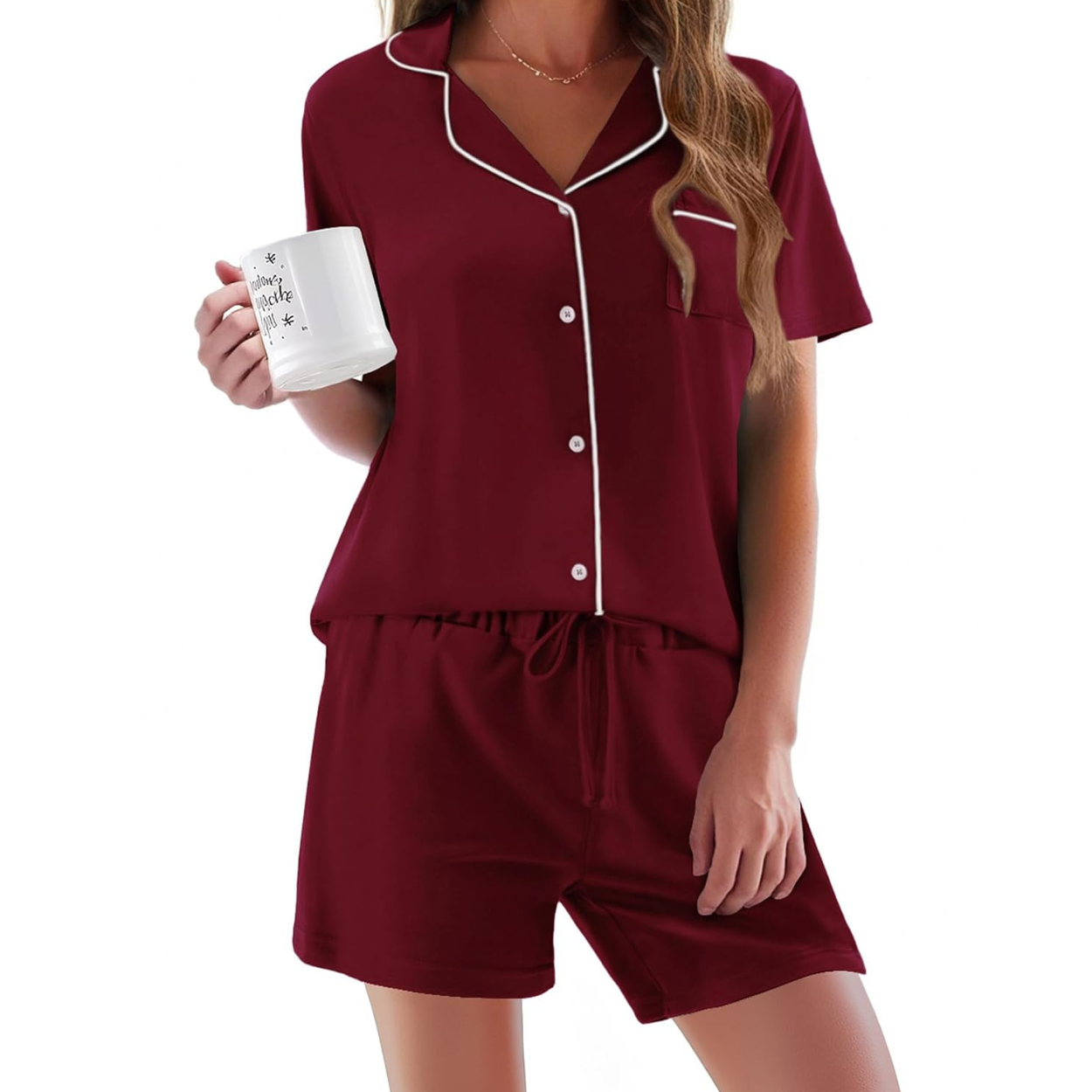 Two Pieces Short Sleeve Button Down Pajama Set For Women