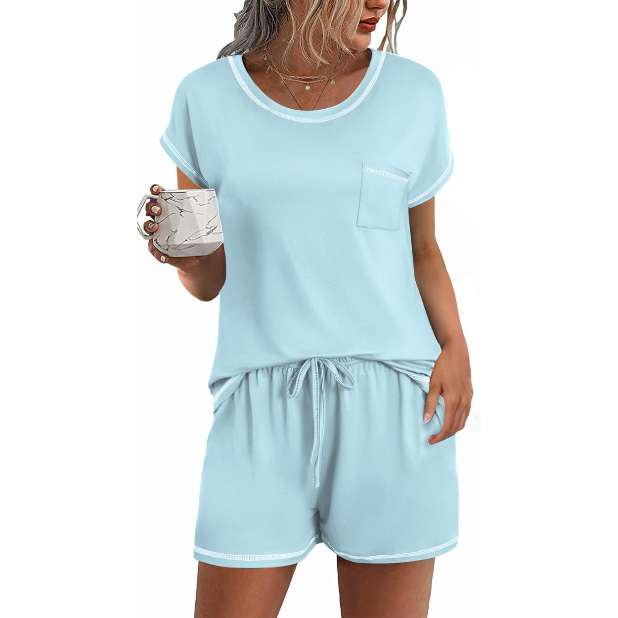 2 Piece Comfortable Pajama Set With Short Sleeve Top And Pocket Shorts For Women