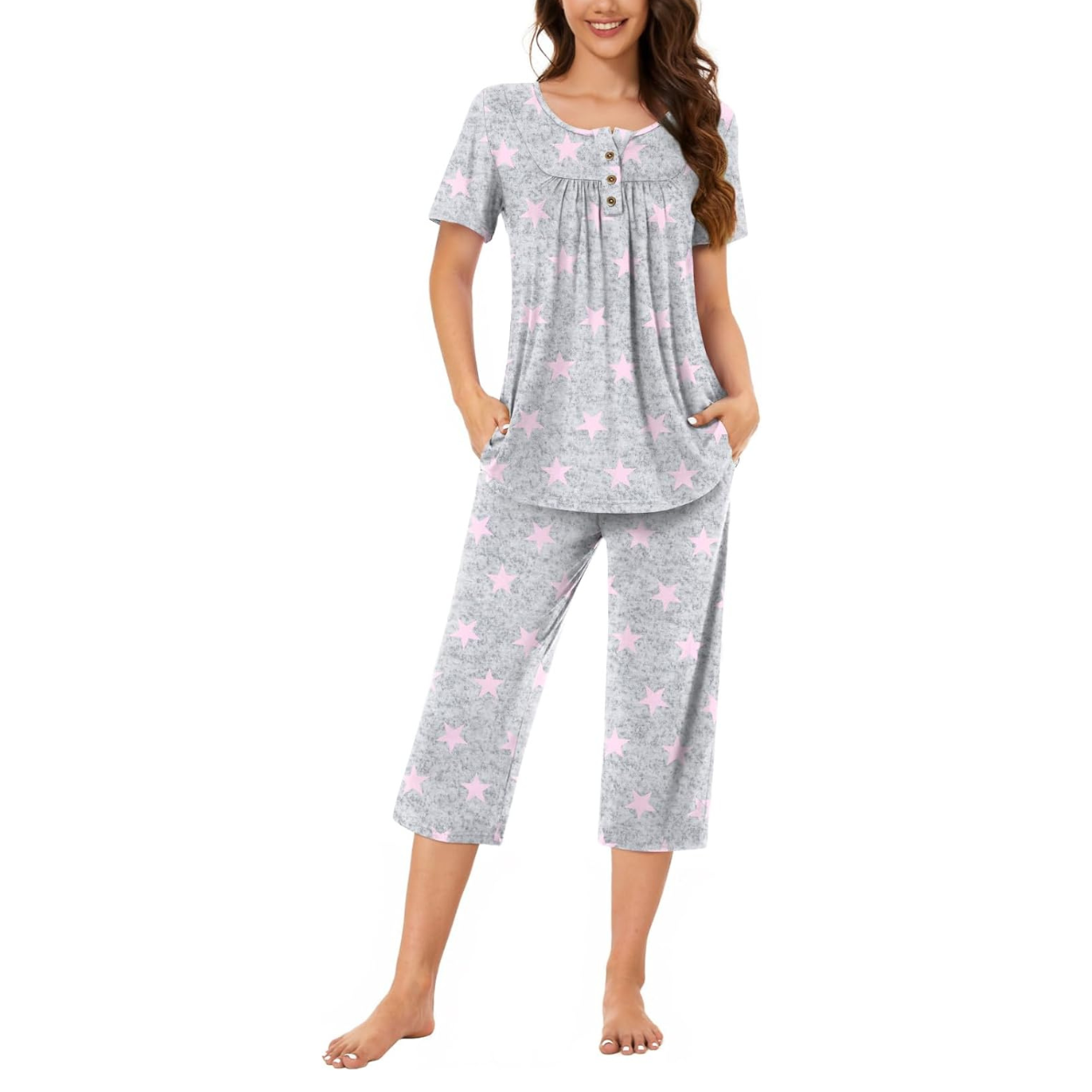 2 Piece Summer Pajama Set with Capri Pants For Women