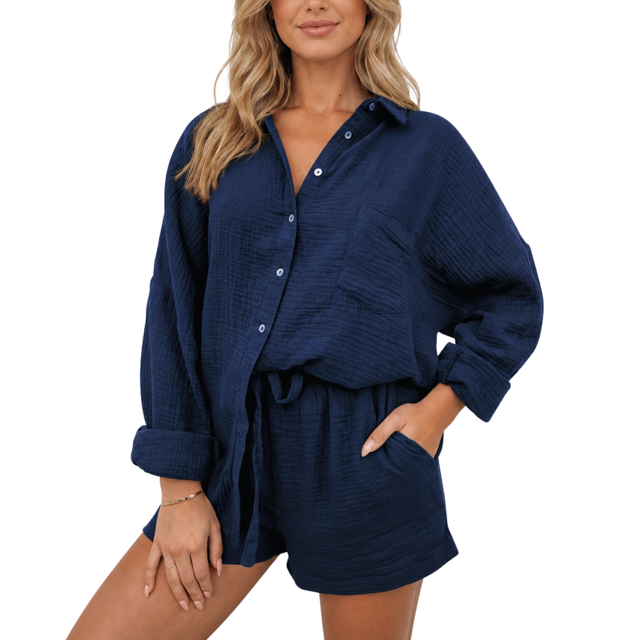 2 Piece Matching Lounge Set With Oversized Shirt And Shorts For Women