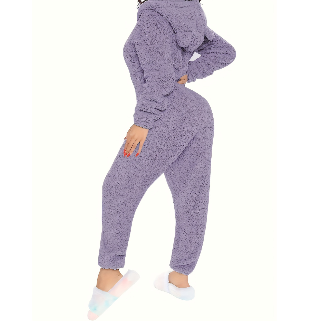 Fuzzy Hooded Pajama Jumpsuit With Zipper For Women