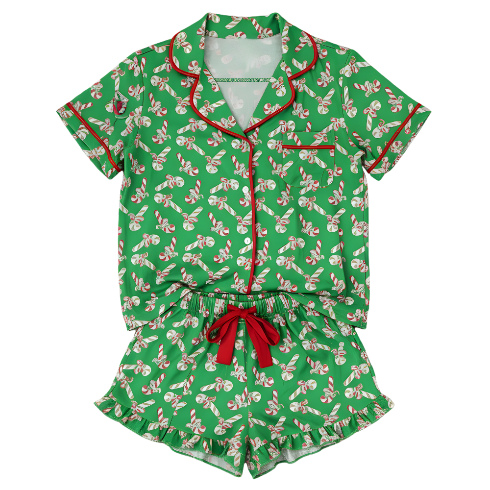Christmas Candy Cane Print Pajama Short Set For Women