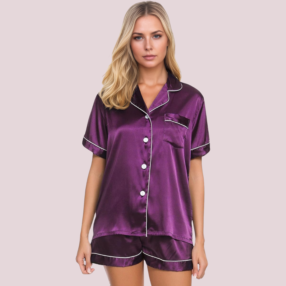 Women Satin Pajama Set Short Sleeve Top and Shorts