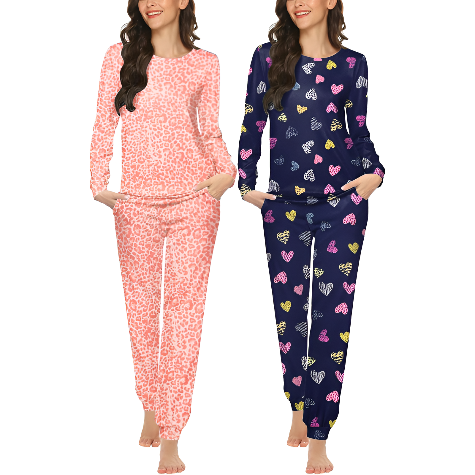 Pack Of 2 Long Sleeve Top And Jogger Pants Pajama Set With Pockets For Women
