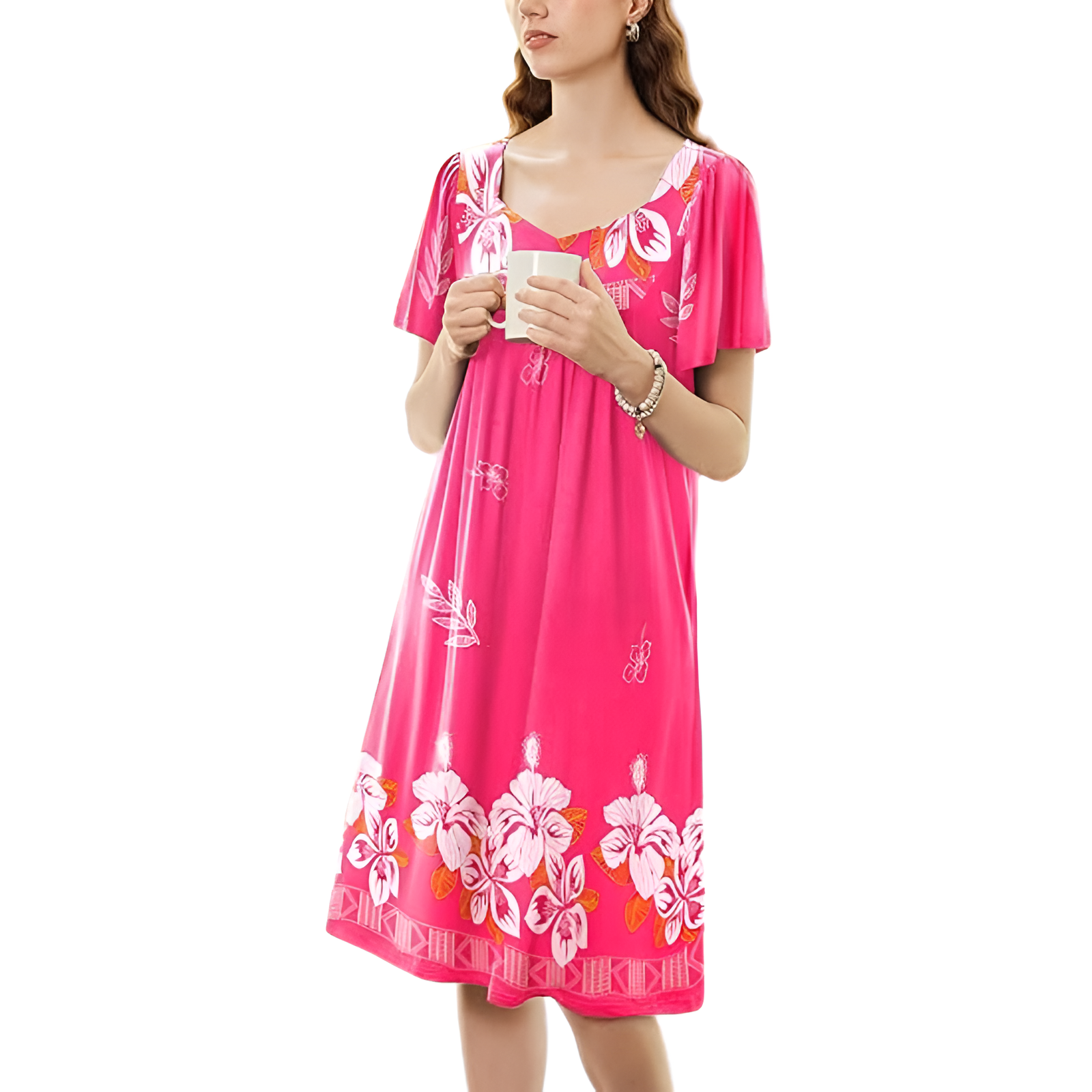 Pleated Nightgown With Short Sleeves And Pockets For Women