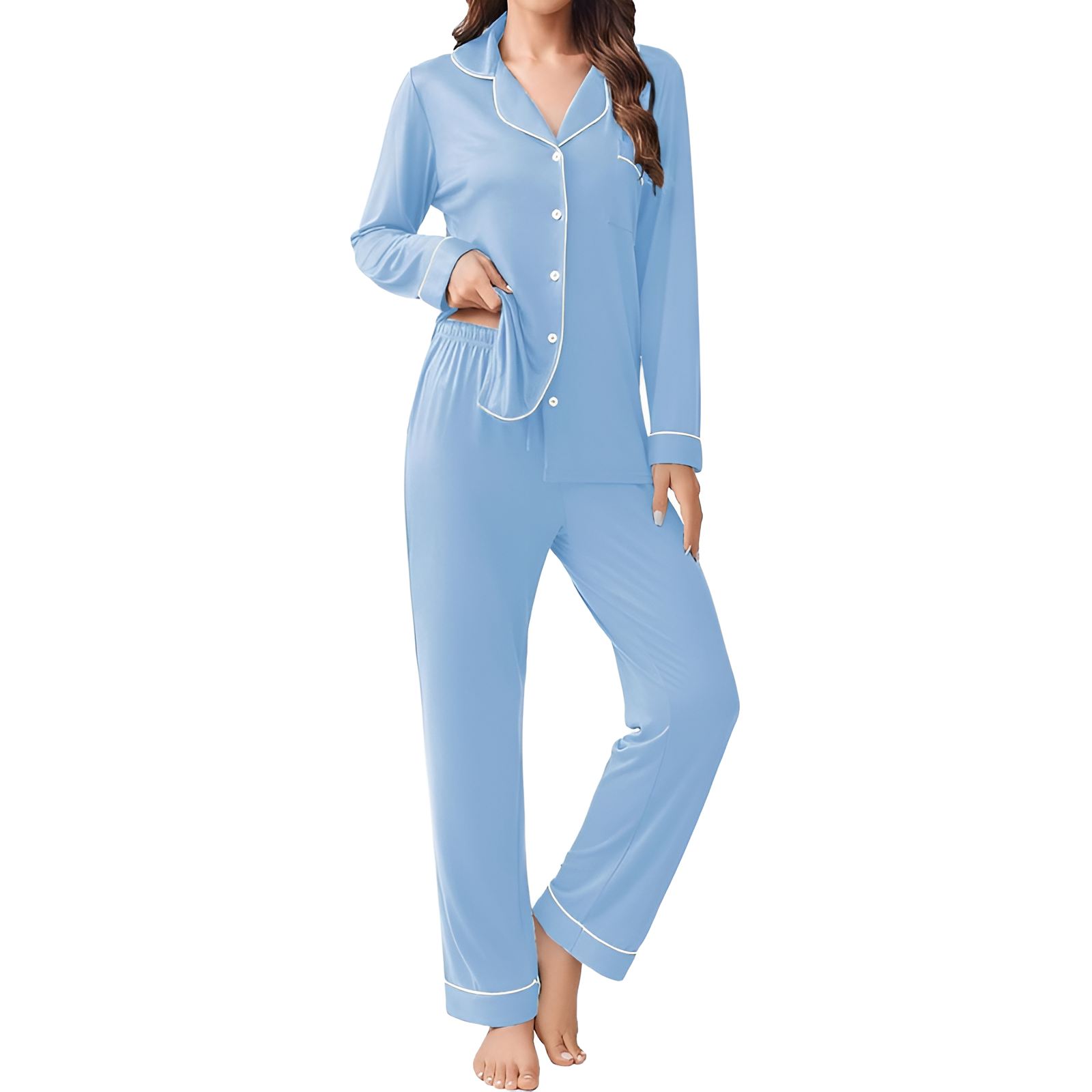 Long Sleeve Button Front Top Two Piece Pajama Set With Pants For Women