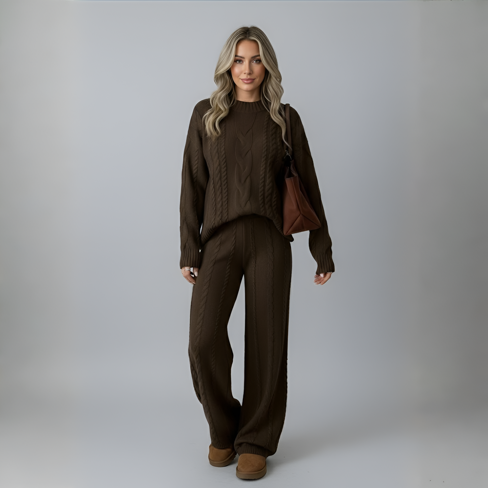 Women's Winter Solid Color Round Neck Long Sleeve Simple Top And Pants Casual 2pcs Set, Winter Clothing