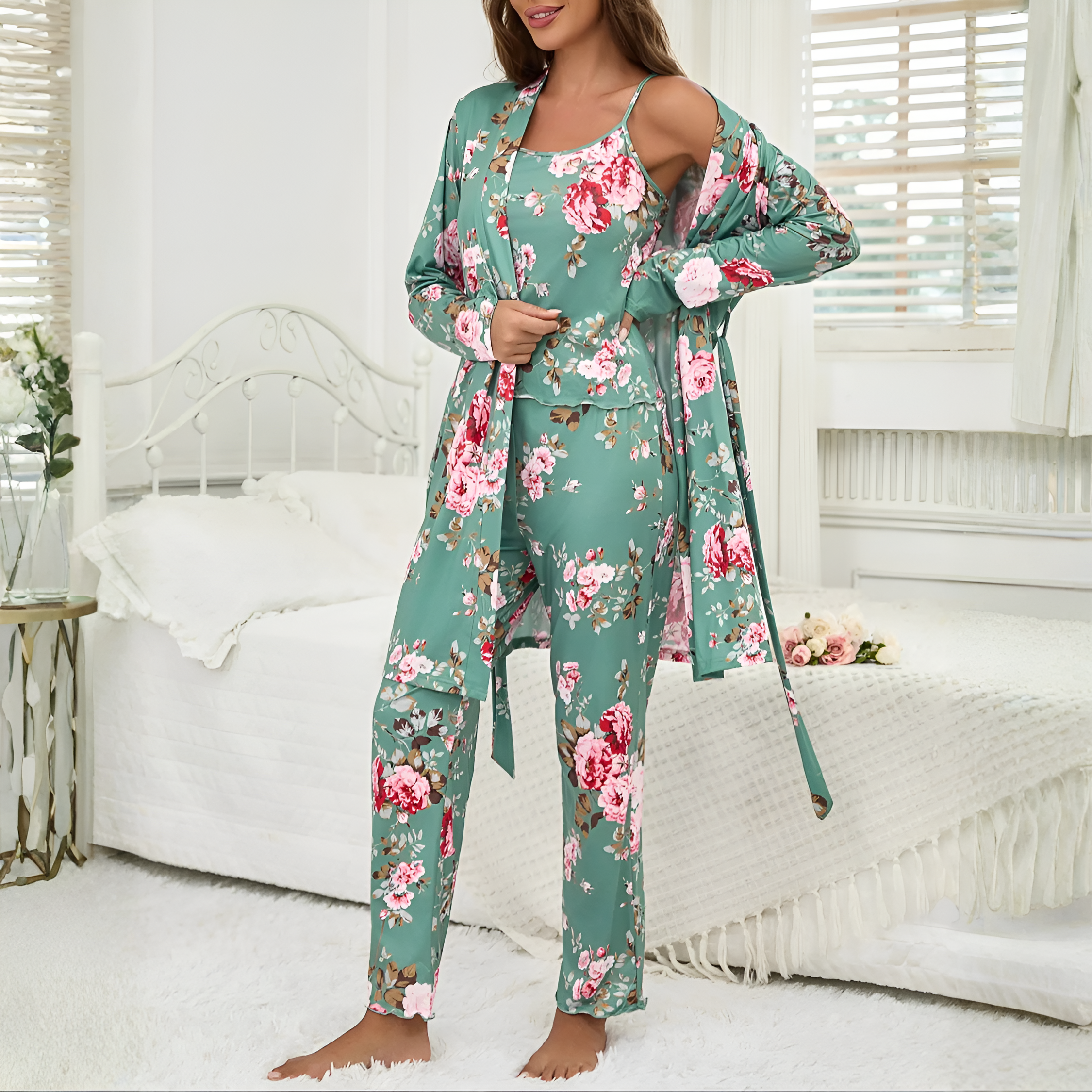 3 Piece Of Floral Print Sleepwear Pajama Set With Robe Cami And Pants For Women