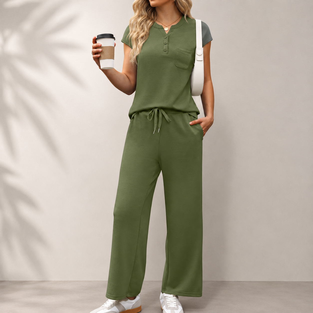 2 Piece Minimalist Loungewear Set With Button And Drawstring For Women