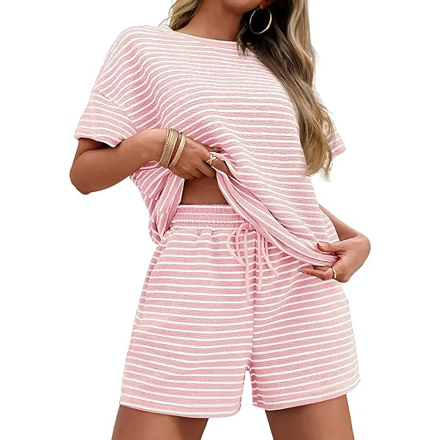 Womens 2 Piece Lounge Set Oversized Tee and Drawstring Shorts
