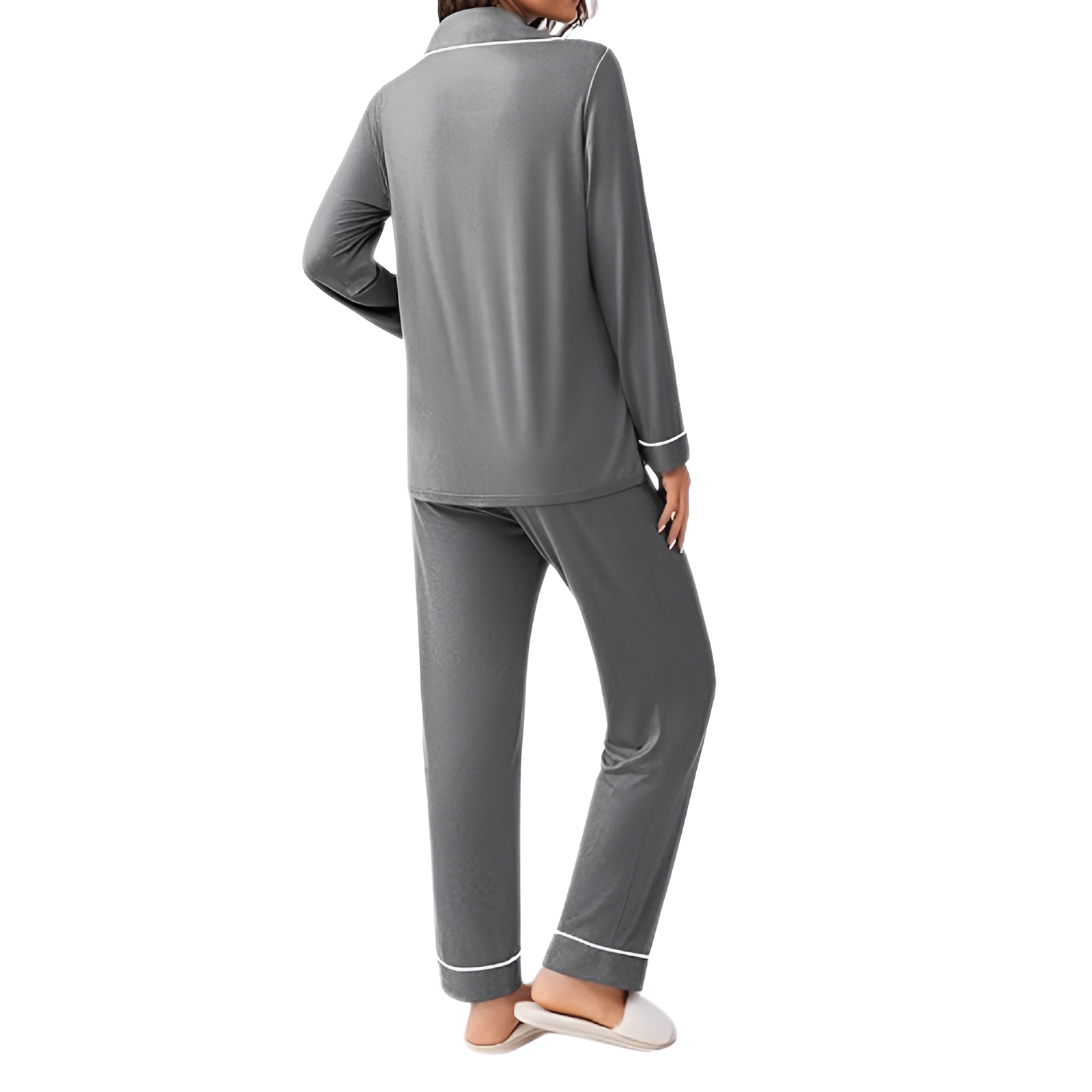 Long Sleeve Button Front Top Two Piece Pajama Set With Pants For Women