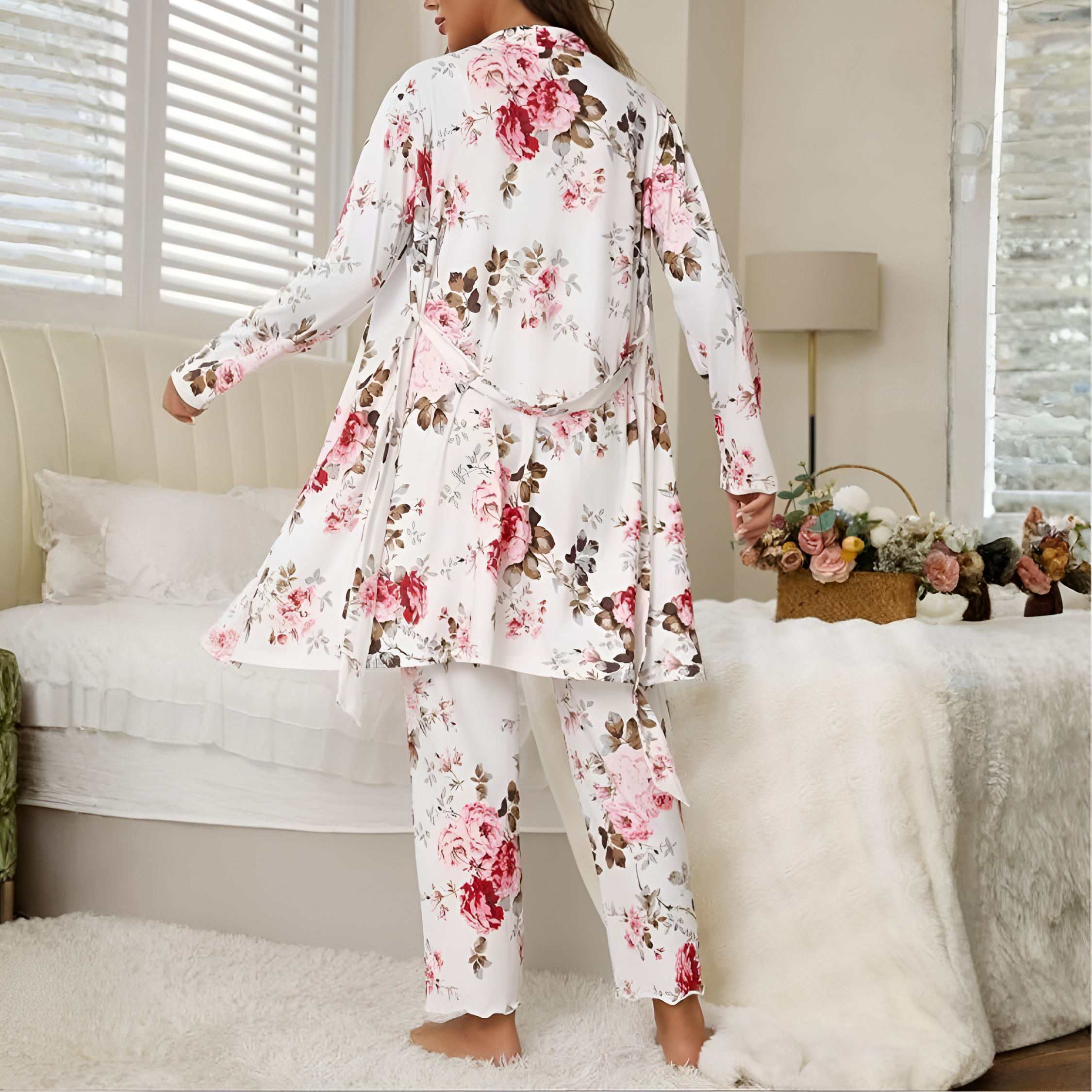 3 Piece Of Floral Print Sleepwear Pajama Set With Robe Cami And Pants For Women