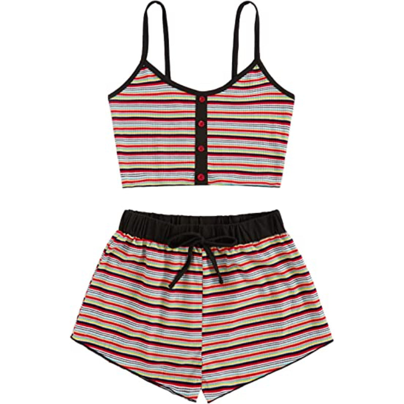 Women's 2 Piece Sleeveless Button Crop Tank Tops & Shorts Lounge Set-Original Pajamas