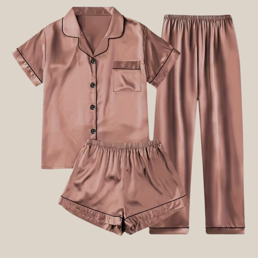 Casual Satin Set Front Pajama With Button For Women