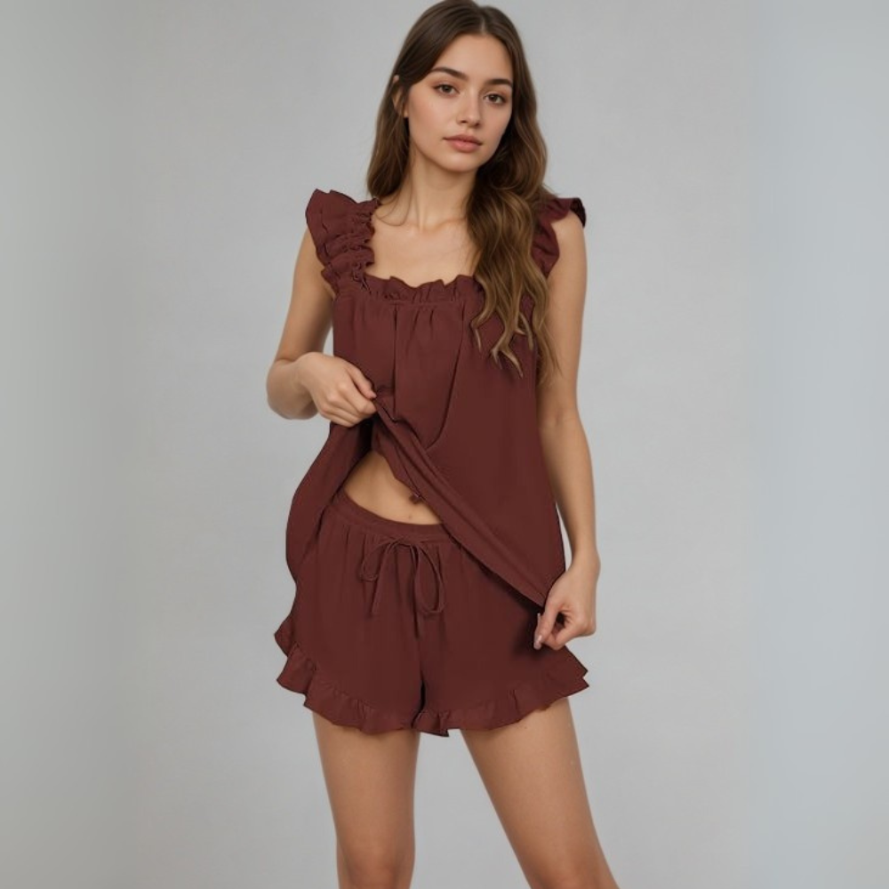 Women 2 Piece Pajama Set Ruffle Tank Top And Shorts