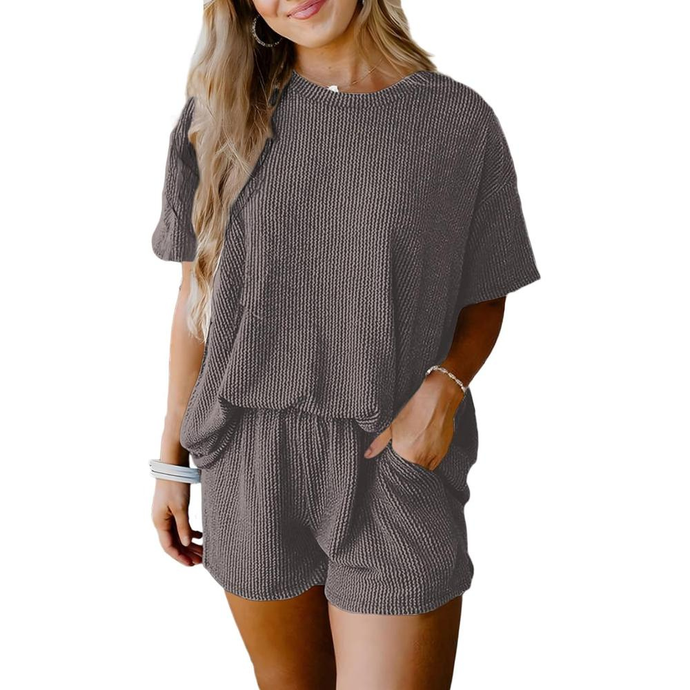 Ribbed Lounge Set Short Sleeve Top And Shorts with Pockets