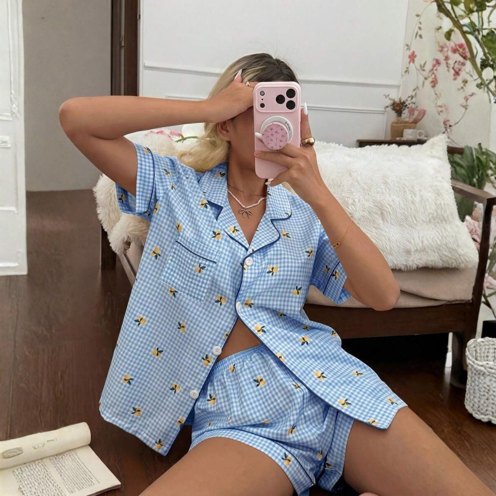 Lemon Plaid Button Up Short Sleeve Pajama Shorts Set For Women