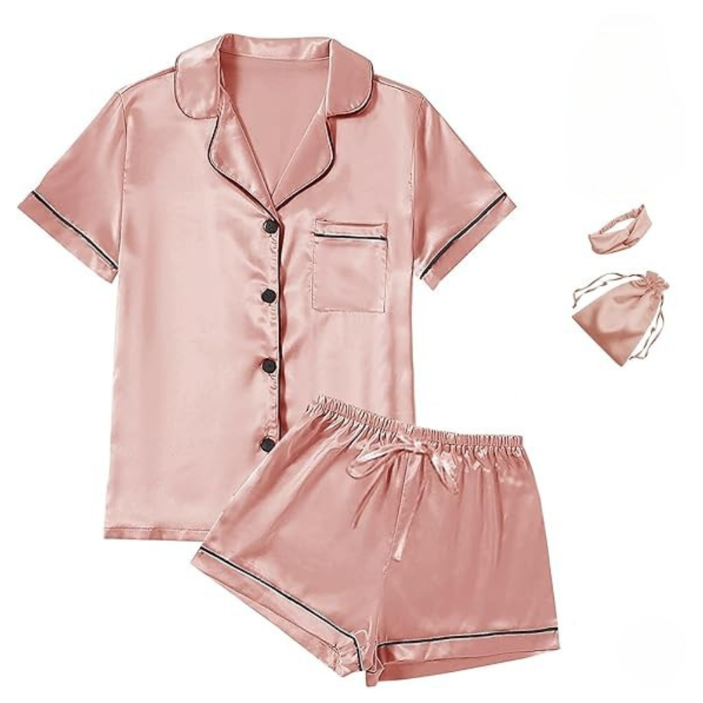 4Pcs Womens Satin Silky Short Sleeve Shirt Pajamas Set