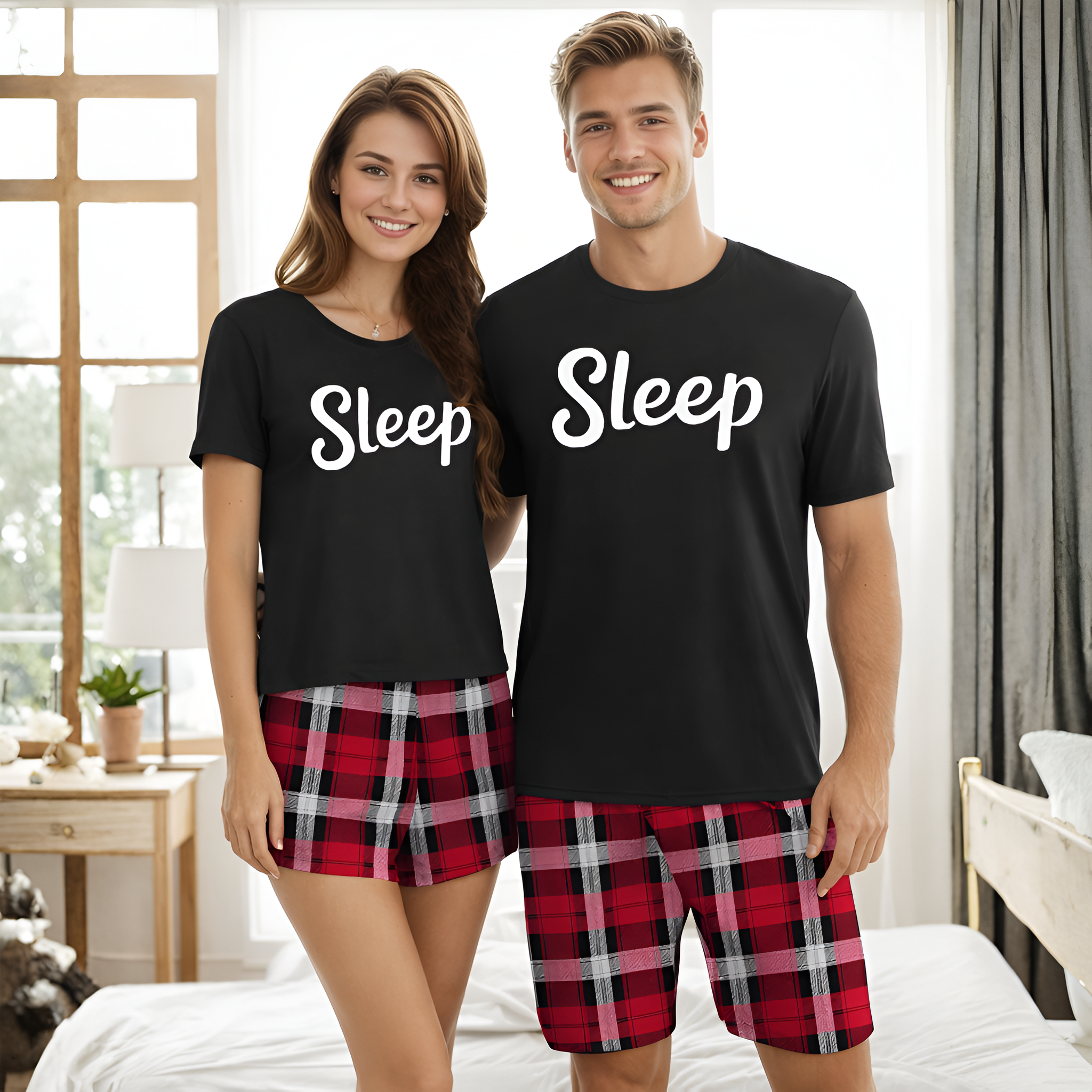 Couple Plaid Letter Print Short Sleeve Loungewear Set