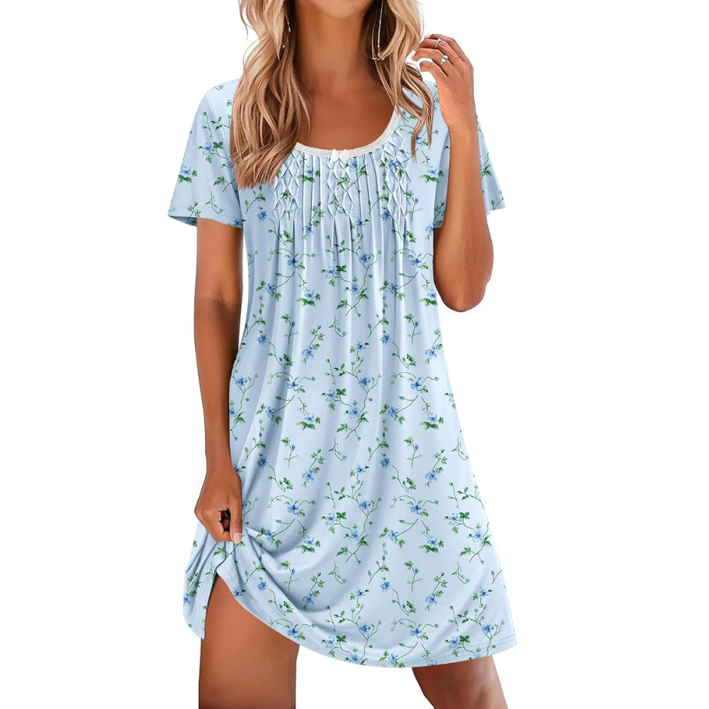 Casual Nightgown Lace Trim Short Sleeve Sleepwear Dress For Women