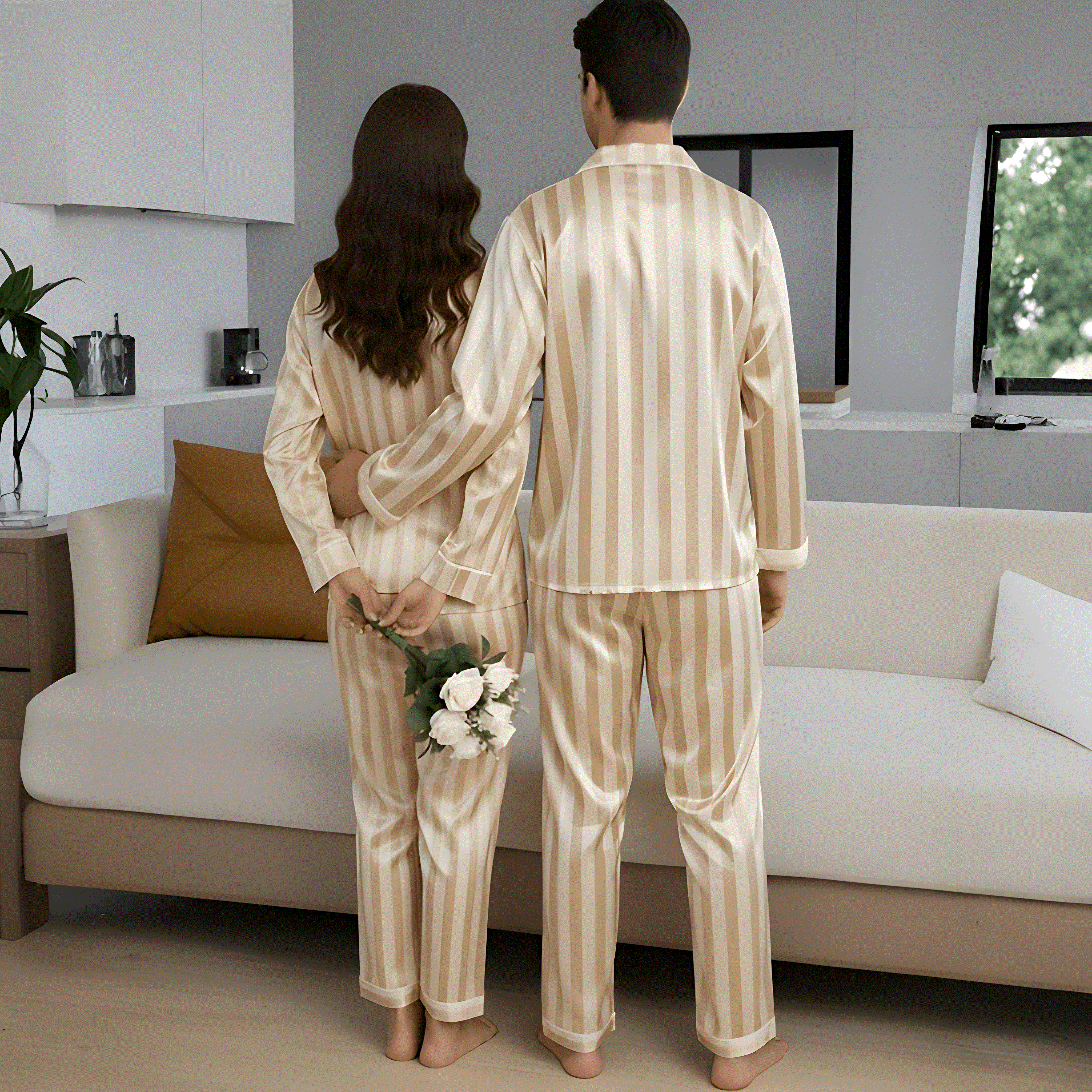Striped Design Long Sleeve Matching Pajama Set For Couple 