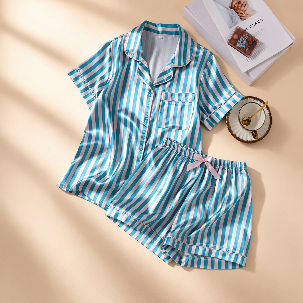 Striped Front Buttoned Top and Shorts Set