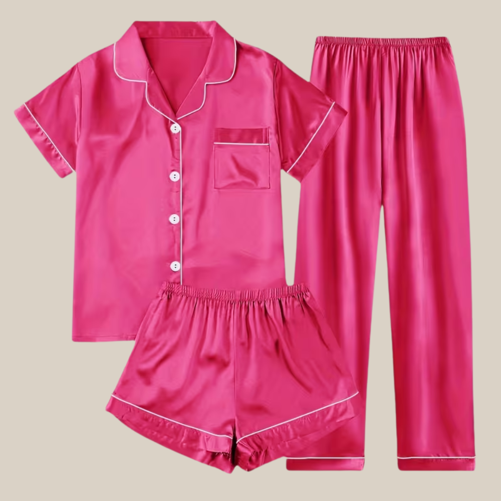 Casual Satin Set Front Pajama With Button For Women