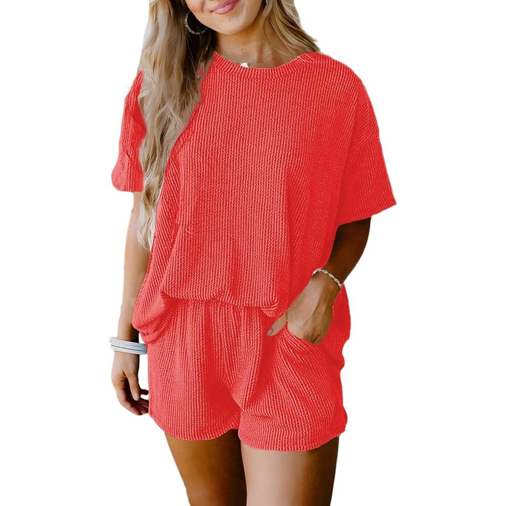 Ribbed Lounge Set Short Sleeve Top And Shorts with Pockets
