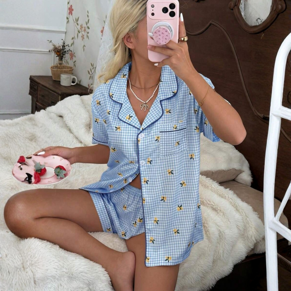 Lemon Plaid Button Up Short Sleeve Pajama Shorts Set For Women