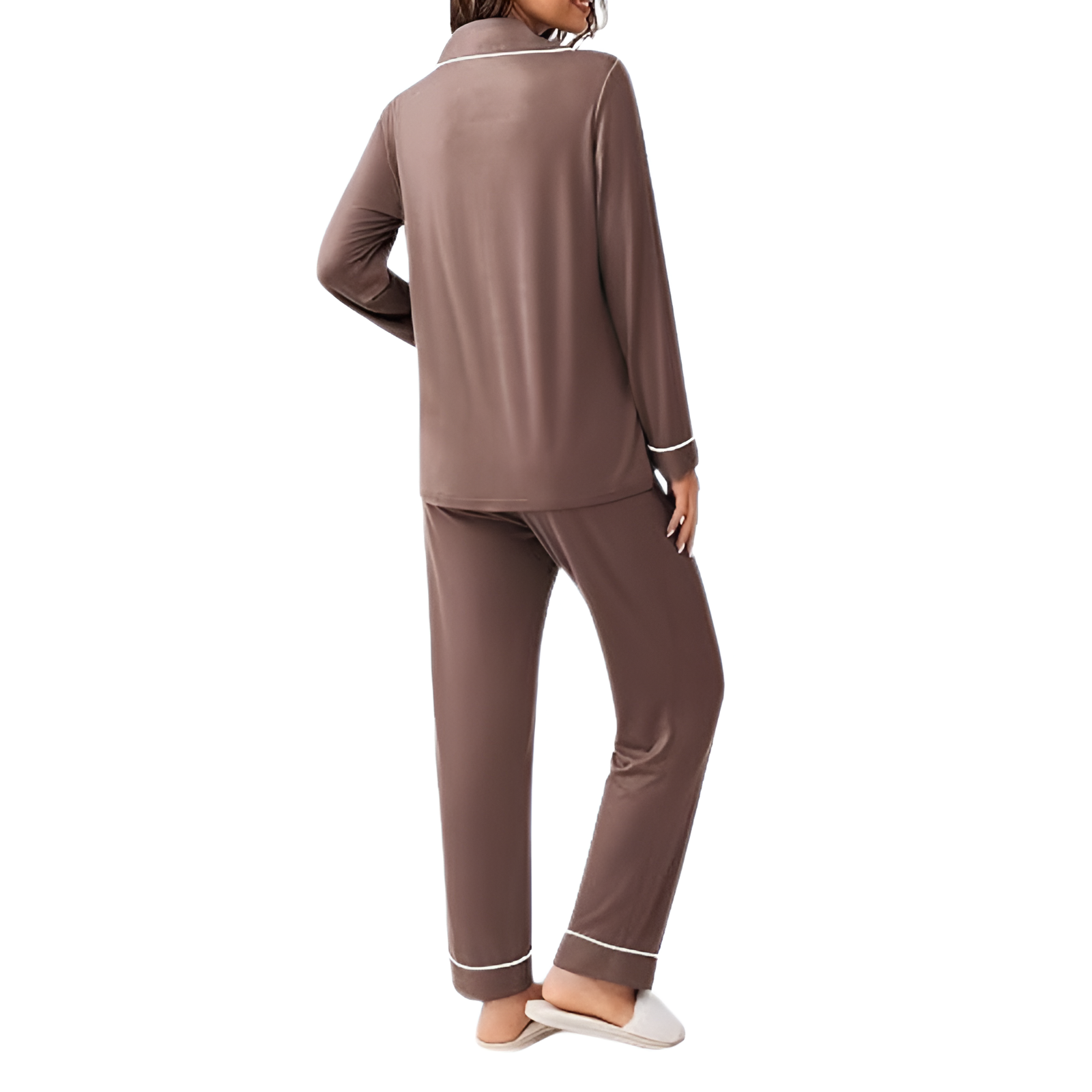 Long Sleeve Button Front Top Two Piece Pajama Set With Pants For Women