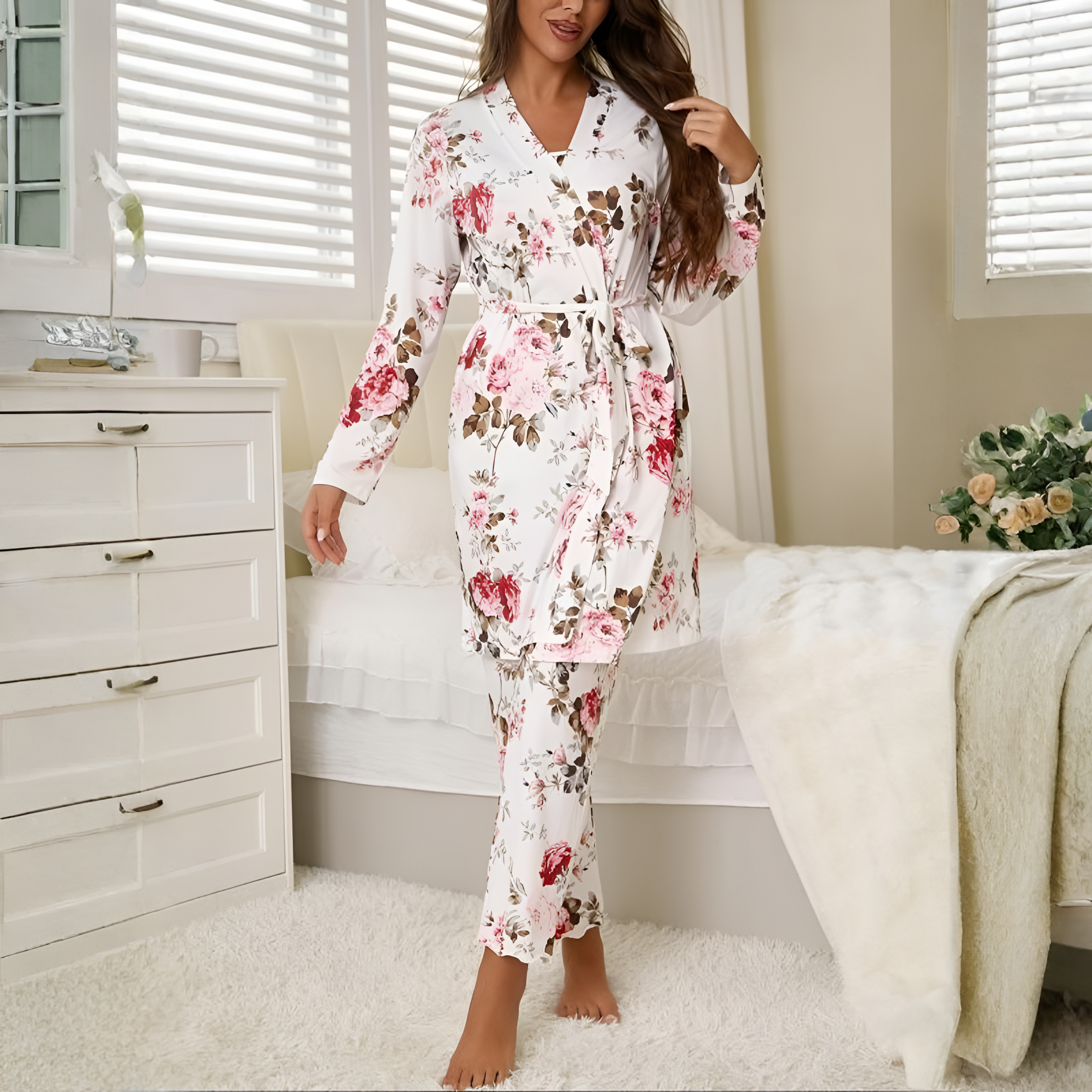 3 Piece Of Floral Print Sleepwear Pajama Set With Robe Cami And Pants For Women