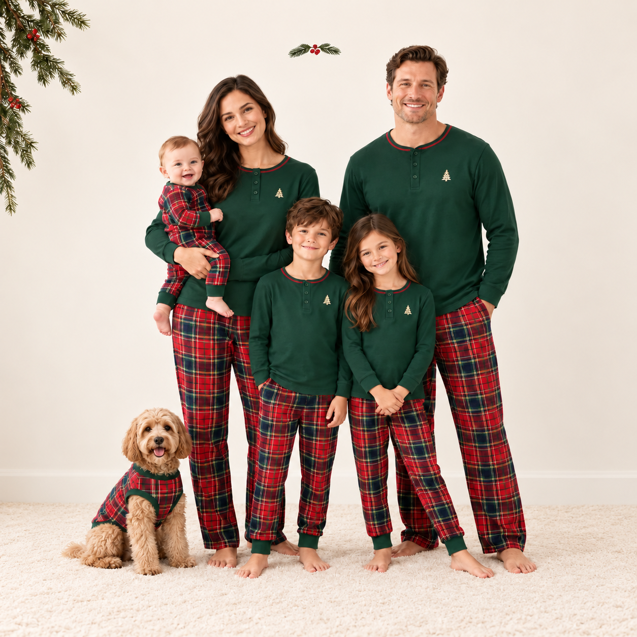 Christmas Family Matching Pajama Set with Green Henley Top and Red Tartan Plaid Pants for Women, Men, Kids, Baby and Dog