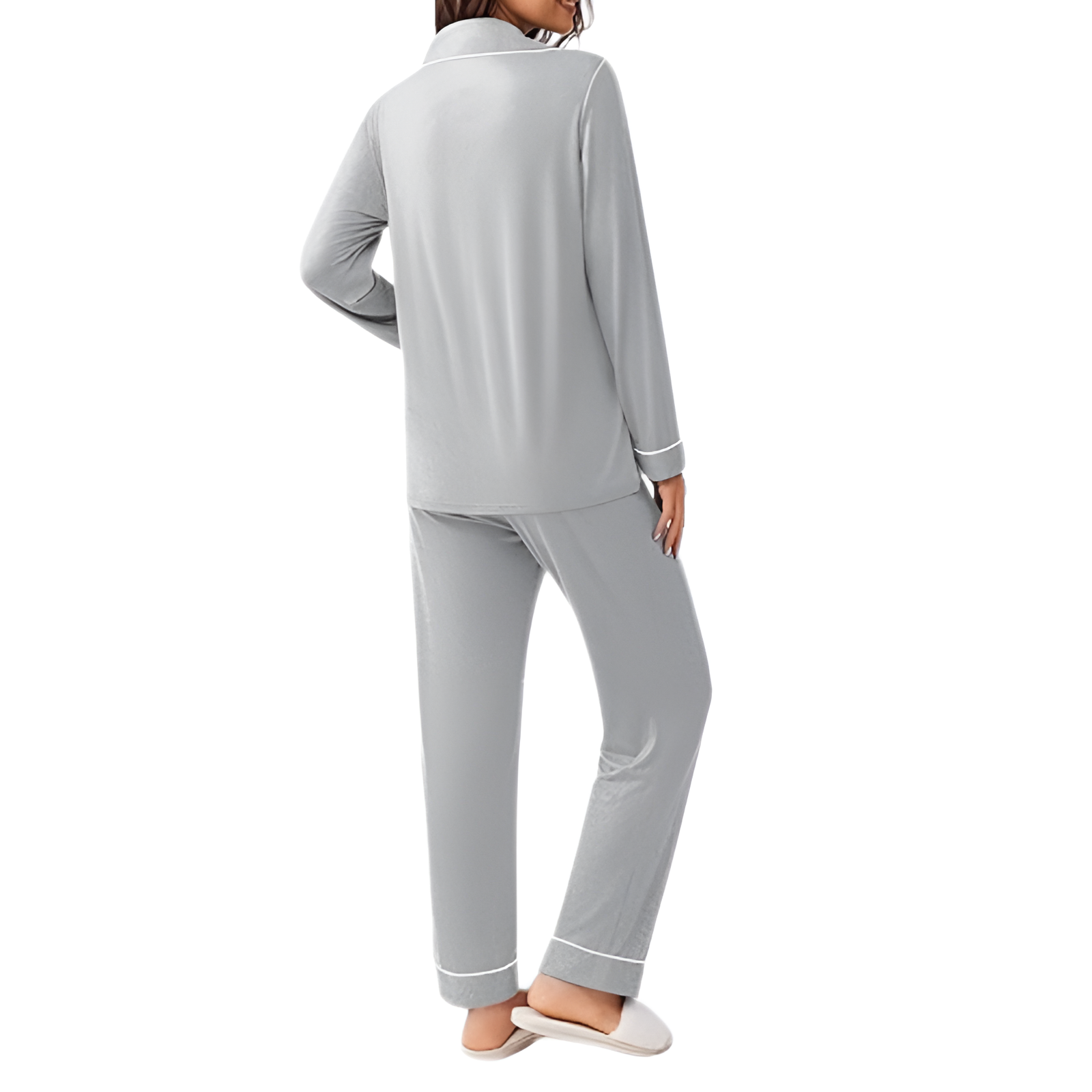 Long Sleeve Button Front Top Two Piece Pajama Set With Pants For Women