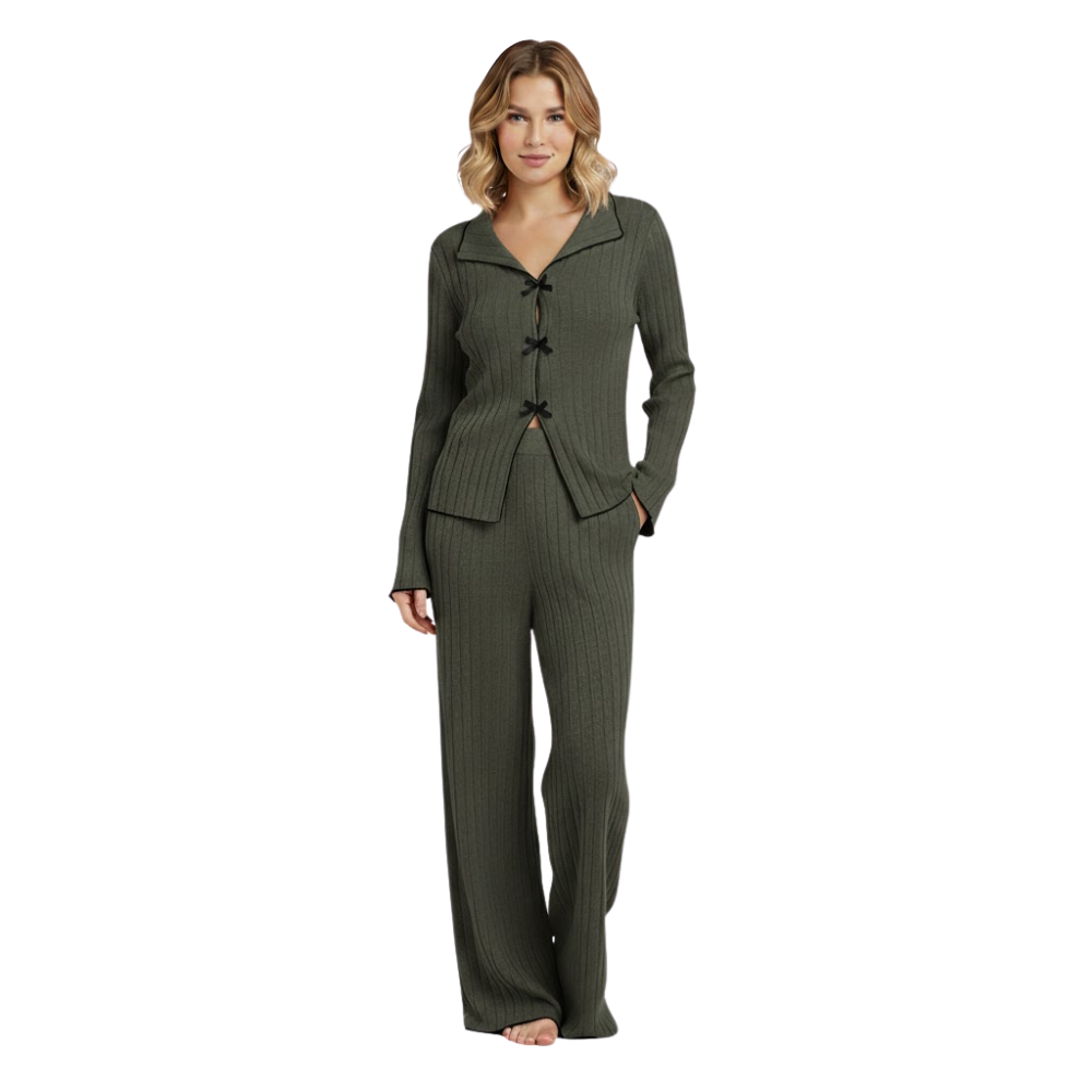 Ribbed Knit Pajama Set With Lapel Collar And Bows For Women