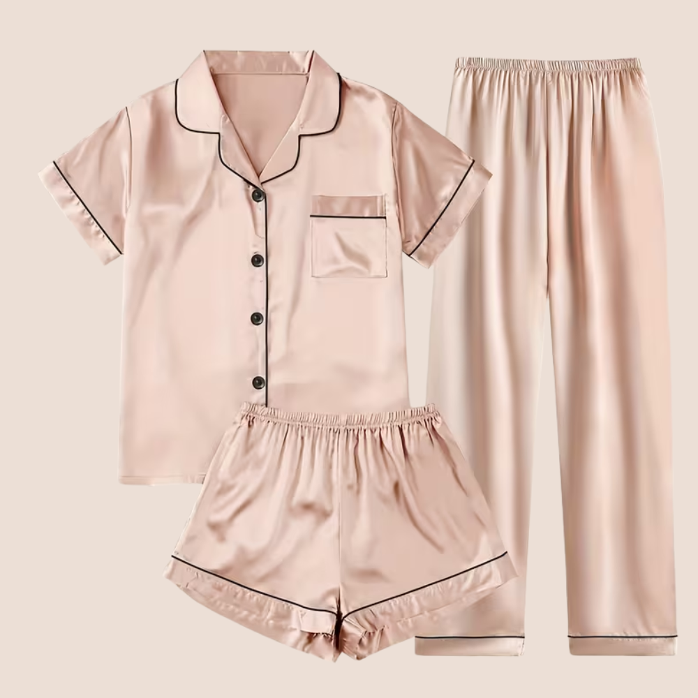 Casual Satin Set Front Pajama With Button For Women
