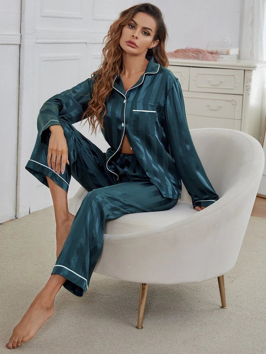 Contrast Stripe Printed Satin Pajama Set-Original Pajamas